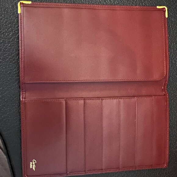Cartier Les Must Bordeaux Leather Passport Wallet Embossed Logo, Gold Corners - Picture 5 of 11